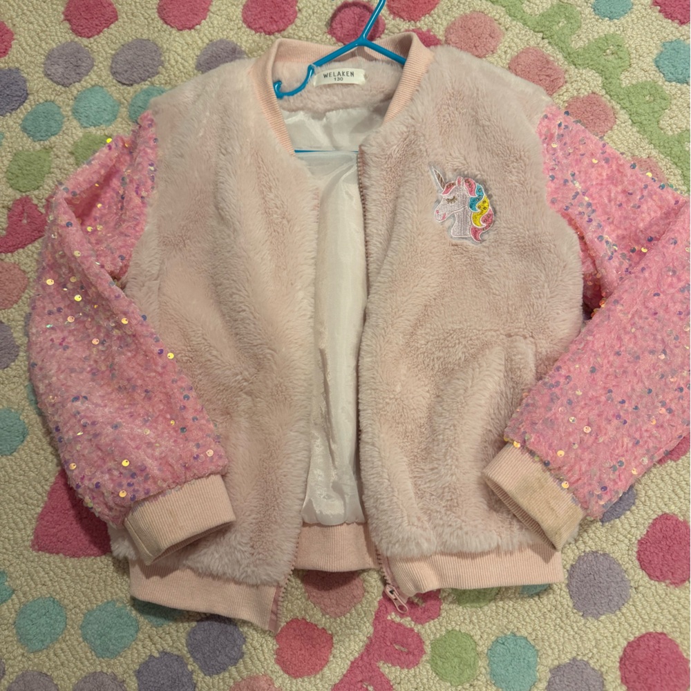 Pink Fuzzy Jacket with Sequin Sleeves